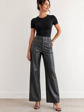 Zara The Patch Pockets Marine Straight Faux Leather Black High Rise Pants-Size 4